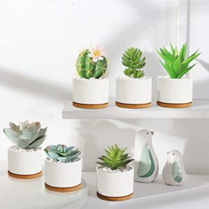 ZOUTOG Succulent Pots, White Mini 3.15 inch Ceramic Flower Planter Pot with Bamboo Tray, Pack of 6 - Plants Not Included