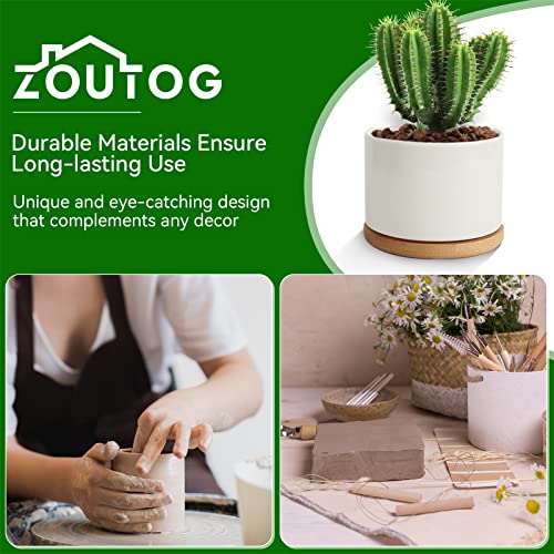 ZOUTOG Succulent Pots, White Mini 3.15 inch Ceramic Flower Planter Pot with Bamboo Tray, Pack of 6 - Plants Not Included