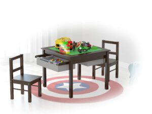 utex wooden 2 in 1 kids construction play table and 2 chairs set with storage drawers, and built in plate compatible with lego and duplo bricks (espresso with grey drawer)