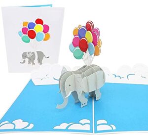 poplife flying elephant and balloons pop up card for all occasions - mother's day card, 3d birthday pop up, baby shower, get well soon - for mother, for daughter, for wife, for granddaughter