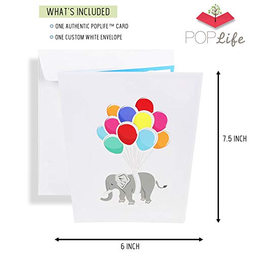 PopLife Flying Elephant and Balloons Pop Up Card for All Occasions - Mother's Day Card, 3D Birthday Pop Up, Baby Shower, Get Well Soon - for Mother, for Daughter, for Wife, for Granddaughter