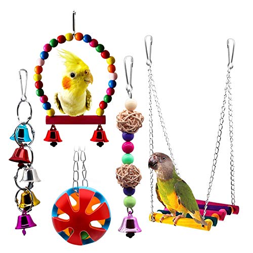 BWOGUE Bird Swing Toys with Bells Pet Parrot Cage Hammock Hanging Toy Perch for Budgie Love Birds Conures Small Parakeet Finches Cockatiels (5 Pack)