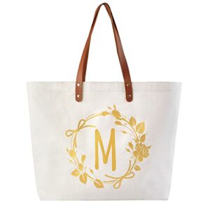 elegantpark birthday gifts for women mom friend personalized bag with m letter teacher gifts bridesmaid gifts monogrammed gifts for women canvas tote bag ivory with pocket