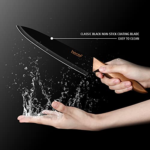 hecef Vintage Kitchen Knife Set, Stainless Steel Non-stick Black Coated Knives with Extra Sheaths, Includes 8'' Chef Knife, 8'' Bread Knife, 7'' Santoku Knife, 5''Utility Knife and 3.5'' Paring Knife