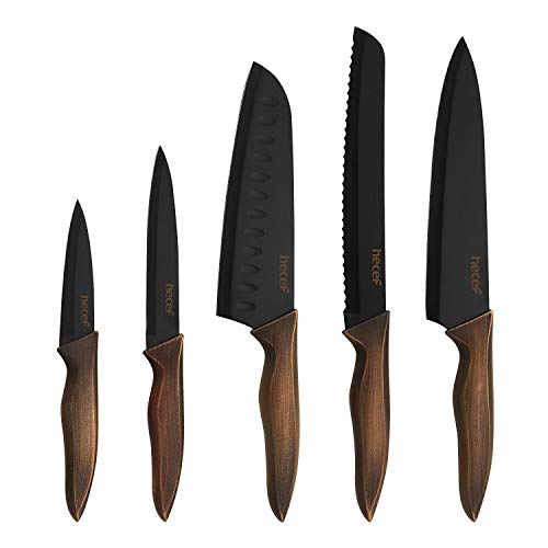 hecef Vintage Kitchen Knife Set, Stainless Steel Non-stick Black Coated Knives with Extra Sheaths, Includes 8'' Chef Knife, 8'' Bread Knife, 7'' Santoku Knife, 5''Utility Knife and 3.5'' Paring Knife