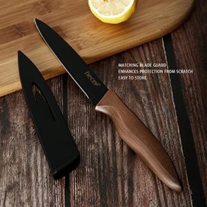 hecef Vintage Kitchen Knife Set, Stainless Steel Non-stick Black Coated Knives with Extra Sheaths, Includes 8'' Chef Knife, 8'' Bread Knife, 7'' Santoku Knife, 5''Utility Knife and 3.5'' Paring Knife