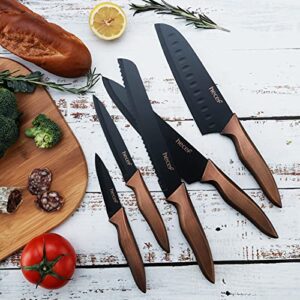 hecef Vintage Kitchen Knife Set, Stainless Steel Non-stick Black Coated Knives with Extra Sheaths, Includes 8'' Chef Knife, 8'' Bread Knife, 7'' Santoku Knife, 5''Utility Knife and 3.5'' Paring Knife