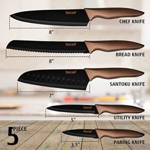 hecef Vintage Kitchen Knife Set, Stainless Steel Non-stick Black Coated Knives with Extra Sheaths, Includes 8'' Chef Knife, 8'' Bread Knife, 7'' Santoku Knife, 5''Utility Knife and 3.5'' Paring Knife