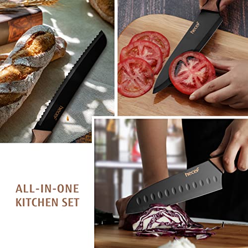 hecef Vintage Kitchen Knife Set, Stainless Steel Non-stick Black Coated Knives with Extra Sheaths, Includes 8'' Chef Knife, 8'' Bread Knife, 7'' Santoku Knife, 5''Utility Knife and 3.5'' Paring Knife