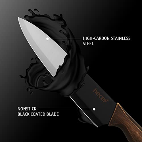 hecef Vintage Kitchen Knife Set, Stainless Steel Non-stick Black Coated Knives with Extra Sheaths, Includes 8'' Chef Knife, 8'' Bread Knife, 7'' Santoku Knife, 5''Utility Knife and 3.5'' Paring Knife