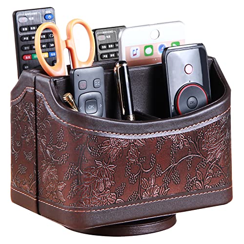 PUSU Leather 360°Rotatable Remote Control Holder,Nightstand TV Remote Caddy,Office Supplies Desktop Organizer,Spinning Storage Box for Pen,Mail,Phone,DVD, Blu-Ray, Media Player, Heater Controllers