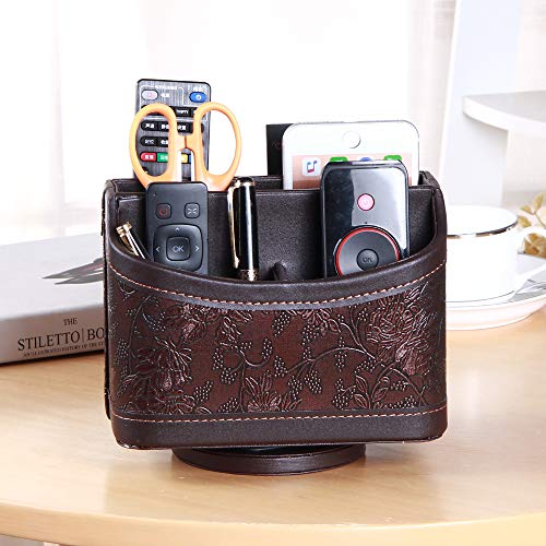 PUSU Leather 360°Rotatable Remote Control Holder,Nightstand TV Remote Caddy,Office Supplies Desktop Organizer,Spinning Storage Box for Pen,Mail,Phone,DVD, Blu-Ray, Media Player, Heater Controllers