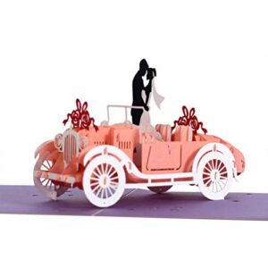 cute popup - anniversary card with bride and groom in wedding car design, valentines day card, thinking of you card, birthday card, surprising present for couple, wife and husband