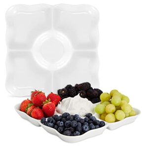 set of 2 porcelain appetizer serving trays, 5-compartment reusable divided platters for charcuterie boards, finger foods, fruit, veggies, snacks desserts (9.5x9.5x1 in)