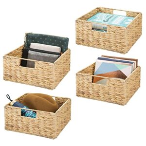mdesign woven hyacinth storage bin basket organizer with handles for organizing closet, laundry, home office, nursery, kitchen, bathroom shelf - holds towels, blankets, books, 4 pack - natural/tan