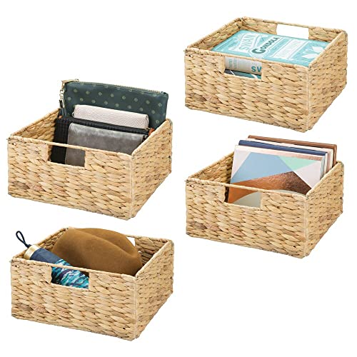 mDesign Woven Hyacinth Storage Bin Basket Organizer with Handles for Organizing Closet, Laundry, Home Office, Nursery, Kitchen, Bathroom Shelf - Holds Towels, Blankets, Books, 4 Pack - Natural/Tan