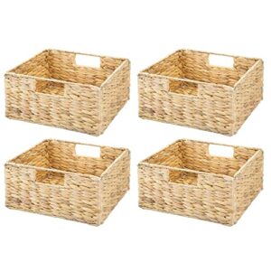 mDesign Woven Hyacinth Storage Bin Basket Organizer with Handles for Organizing Closet, Laundry, Home Office, Nursery, Kitchen, Bathroom Shelf - Holds Towels, Blankets, Books, 4 Pack - Natural/Tan