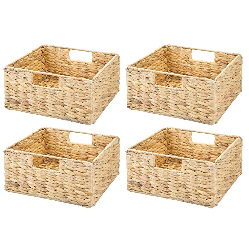 mDesign Woven Hyacinth Storage Bin Basket Organizer with Handles for Organizing Closet, Laundry, Home Office, Nursery, Kitchen, Bathroom Shelf - Holds Towels, Blankets, Books, 4 Pack - Natural/Tan