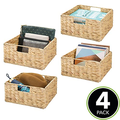 mDesign Woven Hyacinth Storage Bin Basket Organizer with Handles for Organizing Closet, Laundry, Home Office, Nursery, Kitchen, Bathroom Shelf - Holds Towels, Blankets, Books, 4 Pack - Natural/Tan