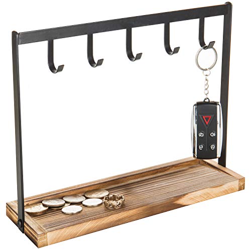 MyGift 5-Hook Burnt Wood & Black Metal Tabletop Key Holder, Jewelry Organizer Rack