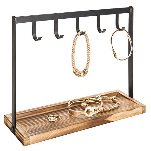 MyGift 5-Hook Burnt Wood & Black Metal Tabletop Key Holder, Jewelry Organizer Rack