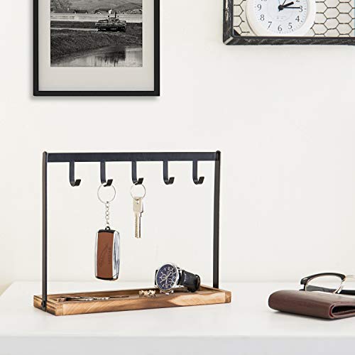 MyGift 5-Hook Burnt Wood & Black Metal Tabletop Key Holder, Jewelry Organizer Rack