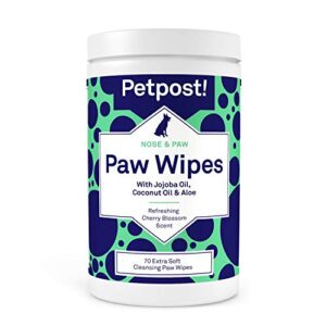 petpost | paw wipes for dogs - nourishing, revitalizing dog paw cleaner with coconut oil, jojoba oil, and aloe - 70 ultra soft cotton pads (cherry blossom) 