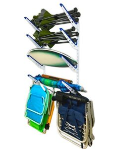 storeyourboard beach chair and umbrella wall storage rack, metal adjustable 4 level beach gear hanger, garage and home organizer