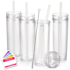 strata cups skinny acrylic clear tumblers with lid and straw 4 pack - 16 oz insulated double wall reusable plastic tumbler cups with free straw cleaner & name tags | bulk camping & traveling tumblers
