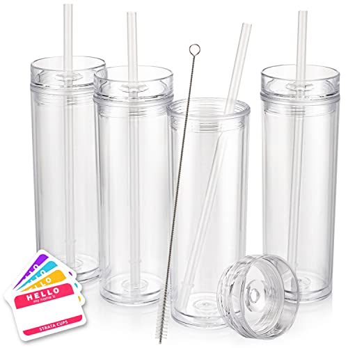 STRATA CUPS Skinny Acrylic Clear Tumblers with Lid and Straw 4 Pack - 16 oz Insulated Double Wall Reusable Plastic Tumbler Cups with FREE Straw Cleaner & Name Tags | Bulk Camping & Traveling Tumblers