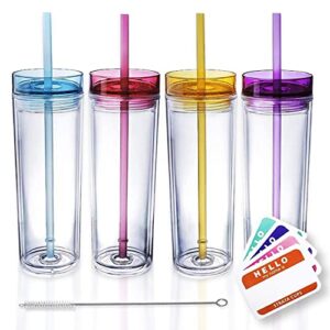 strata cups skinny tumblers 4 colored acrylic tumblers with lids and straws | skinny, 16oz double wall clear plastic tumblers with free straw cleaner & name tags! (multicolor, 4)