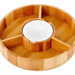 Chip and Dip Serving Bowl – Wooden Appetizer Platter Set with Dip Cup for Salsa, Guacamole, Nacho, Vegetables, Taco Chip, Snacks and More – 12 Inch Diameter