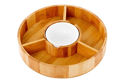 Chip and Dip Serving Bowl – Wooden Appetizer Platter Set with Dip Cup for Salsa, Guacamole, Nacho, Vegetables, Taco Chip, Snacks and More – 12 Inch Diameter