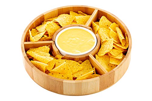 Chip and Dip Serving Bowl – Wooden Appetizer Platter Set with Dip Cup for Salsa, Guacamole, Nacho, Vegetables, Taco Chip, Snacks and More – 12 Inch Diameter