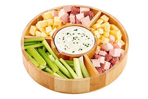 Chip and Dip Serving Bowl – Wooden Appetizer Platter Set with Dip Cup for Salsa, Guacamole, Nacho, Vegetables, Taco Chip, Snacks and More – 12 Inch Diameter