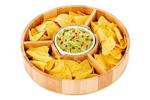 Chip and Dip Serving Bowl – Wooden Appetizer Platter Set with Dip Cup for Salsa, Guacamole, Nacho, Vegetables, Taco Chip, Snacks and More – 12 Inch Diameter