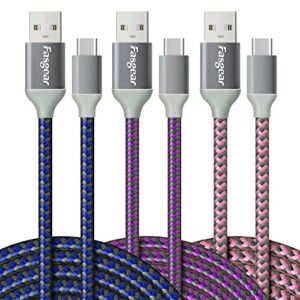 fasgear usb c to usb a cables 3 pack 10ft long 3a fast charging type c 2.0 charger cord nylon braided compatible with galaxy s20 note 10 s9 s8 a70 a60 a51/lg v20 g6/moto g/ps 5 (blue purple pink)