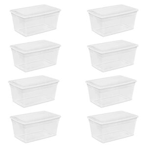 sterilite 90 quart multipurpose storage box container with visible base and white secure lid for home organization, clear (8 pack)