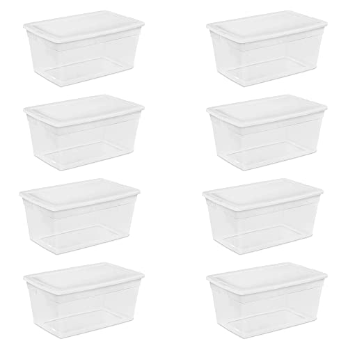 Sterilite 90 Quart Multipurpose Storage Box Container with Visible Base and White Secure Lid for Home Organization, Clear (8 Pack)