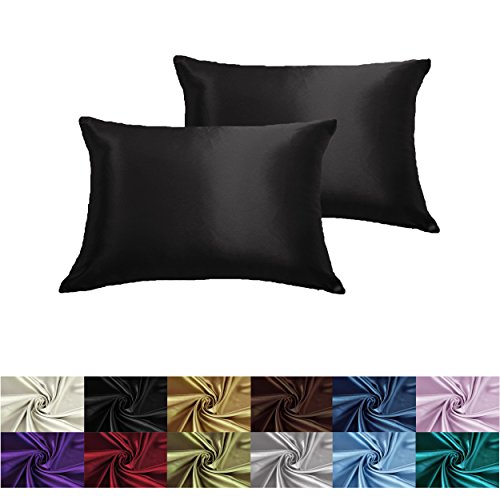 2-PCS Silky Soft Satin Solid Color Luxurious Decorative Throw Pillow Covers (Black, 12" x 20")