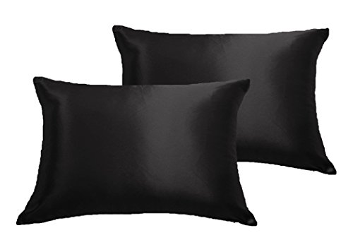 2-PCS Silky Soft Satin Solid Color Luxurious Decorative Throw Pillow Covers (Black, 12" x 20")