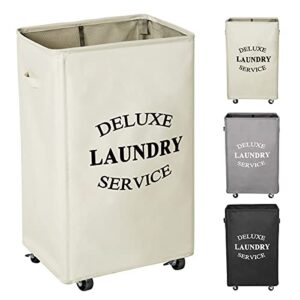 wowlive large rolling laundry basket wheels 90l collapsible tall laundry hamper handle foldable dirty clothing basket fold up rectangular hampers for laundry dorm room (beige)