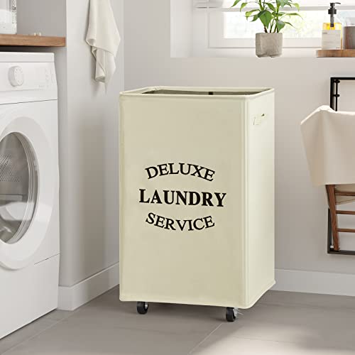 WOWLIVE Large Rolling Laundry Basket Wheels 90L Collapsible Tall Laundry Hamper Handle Foldable Dirty Clothing Basket Fold up Rectangular Hampers for Laundry Dorm Room (Beige)