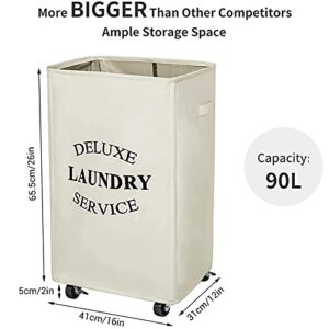 WOWLIVE Large Rolling Laundry Basket Wheels 90L Collapsible Tall Laundry Hamper Handle Foldable Dirty Clothing Basket Fold up Rectangular Hampers for Laundry Dorm Room (Beige)