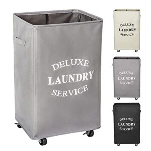 wowlive large rolling laundry basket wheels 90l collapsible tall laundry hamper handle foldable dirty clothing basket fold up rectangular hampers for laundry dorm room (grey)
