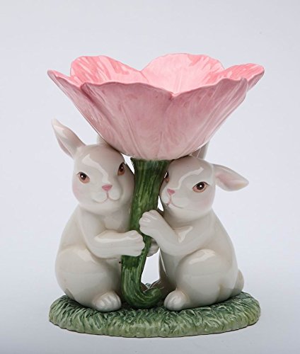 Cosmos Gifts Fine Ceramic White Bunny Pair Holding Up Tulip Flower Candy Bowl, 4-3/8" * 5" H