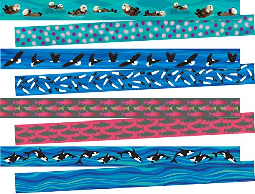 Barker Creek Double-Sided Border Set of 4, Sea & Sky, Multi-Design, 35' Each of 4 Designs, Otters, Eagles, Salmon, Whales, Total of 140' of Double-Sided Border in Set (3865)