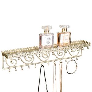 mygift gold-tone metal wall-mounted jewelry & cosmetics shelf with 25 necklace hooks