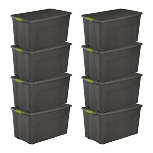 sterilite 45 gallon heavy duty plastic stackable storage container tote with wheels and latching indexed lid for home organization, gray, 8 pack