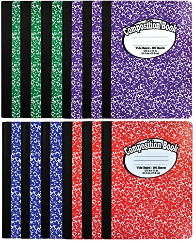 Better Office Products Composition Book Notebook - Hardcover, Wide Ruled (11/32-inch), 100 Sheet, One Subject, 9.75" x 7.5", Assorted Covers: Red, Blue, Green, Purple-12 Pack